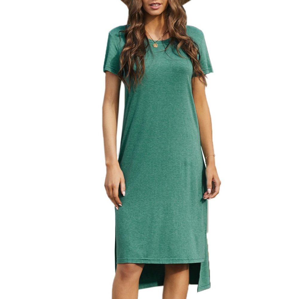 Green Casual Short Sleeve T-shirt Midi Dress with High Splits